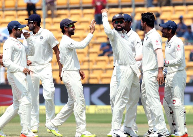 India players are ecstatic after their win over Australia in the 2nd Test in Bengaluru on Tuesday