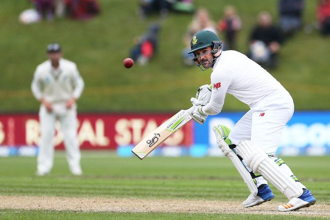 South Africa's Dean Elgar bats on Day 3 of the first Test match against New Zealand at University Oval in Dunedin, New Zealand, on Friday