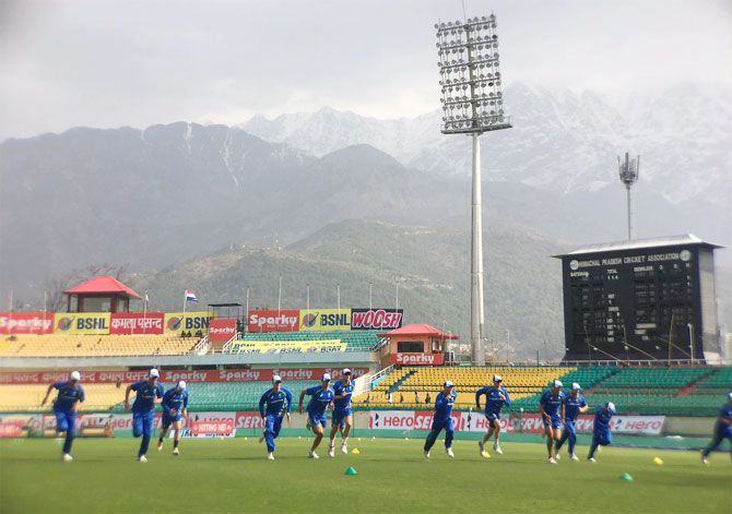 Australian cricketers go through the grind during a training session at the picturesque HPCA stadium in Dharamsala on Thursday