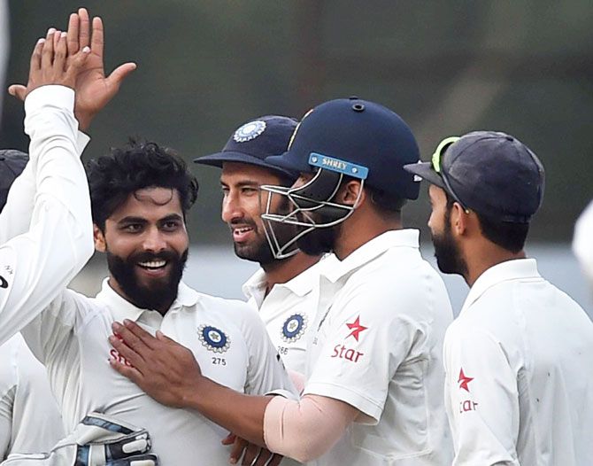 Ravindra Jadeja celebrates after dismissing David Warner in the 3rd Test at Ranchi. Jadeja's picked up nine wickets in the Test
