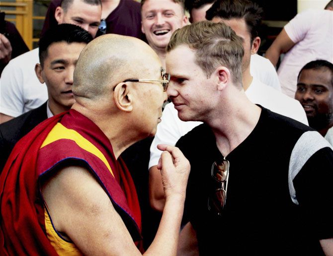 Tibetan spiritual leader Dalai Lama meets Australian cricket team captain Steve Smith in Dharamsala on Friday