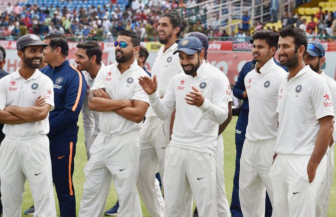 The Indian cricket team find a reason for laugh during the post match presentation on Tuesday