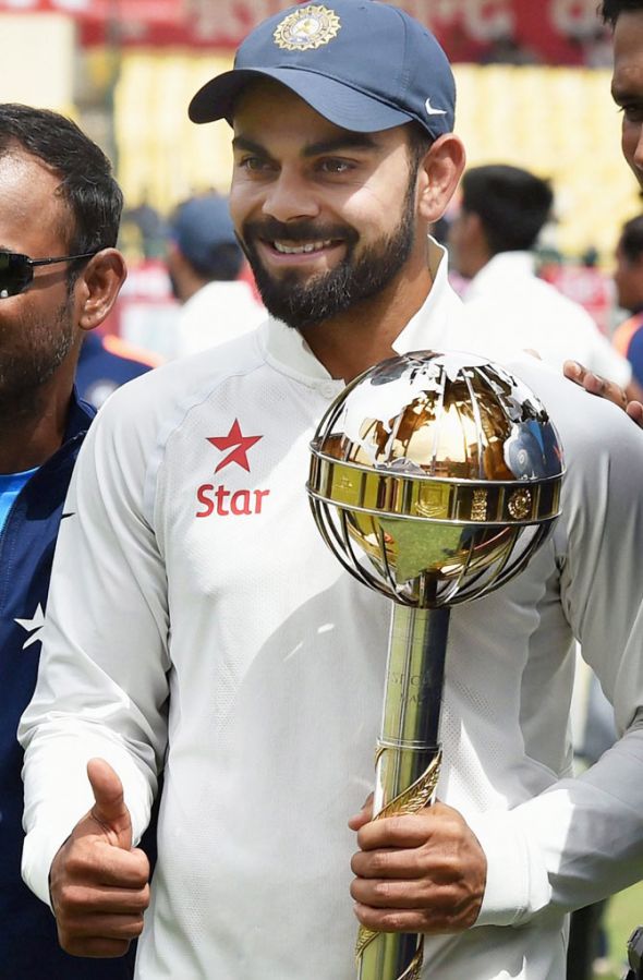 Virat Kohli with the ICC Test mace after winning the Dharamsala Test and finishing the season as World No 1