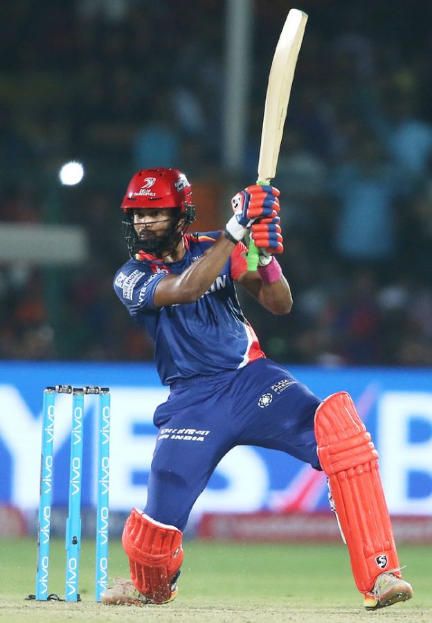 Delhi Daredevils Shreyas Iyer en route his 96 runs during the match against Gujarat Lions in Kanpur on Wednesday
