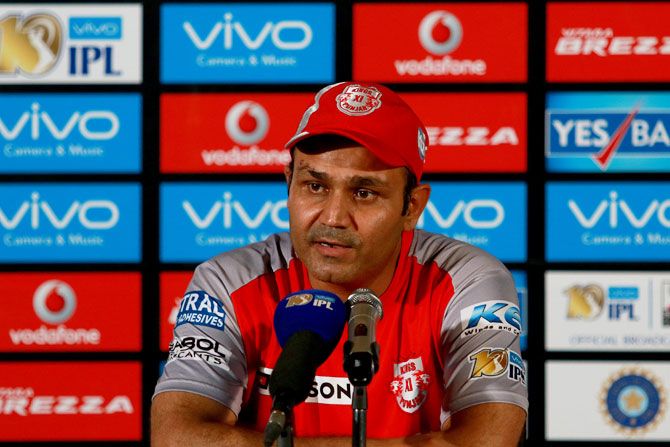 Kings XI Punjab coach Virender Sehwag at the post-match conference in Pune on Sunday