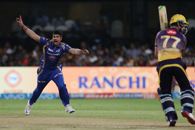 Karn Sharma celebrates after taking the wicket of Colin de Grandhomme in IPL-10 Qualifier 2 on Friday