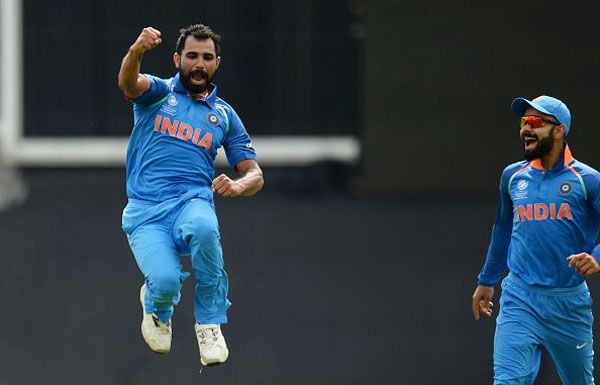 Mohammed Shami is ecstatic after claiming a wicket during India's first Champions Trophy warm-up game against New Zealand at the Oval in London, May 27, 2017. Photograph: BCCI/Twitter