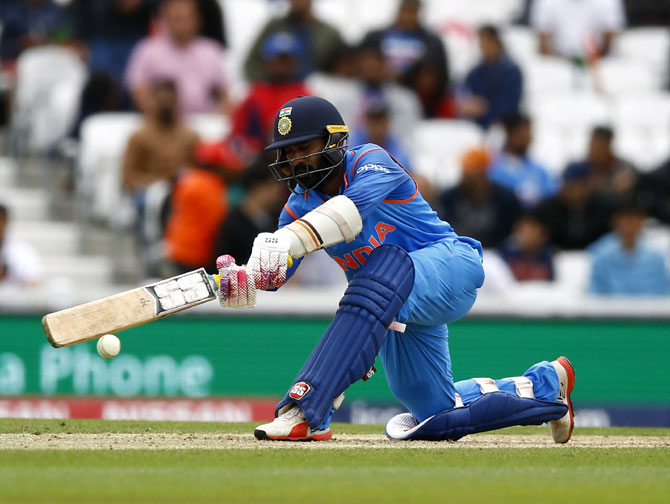 Dinesh Karthik during his stylish knock of 94 in the warm-up game against Bangladesh. Photograph: Peter Cziborra/Reuters