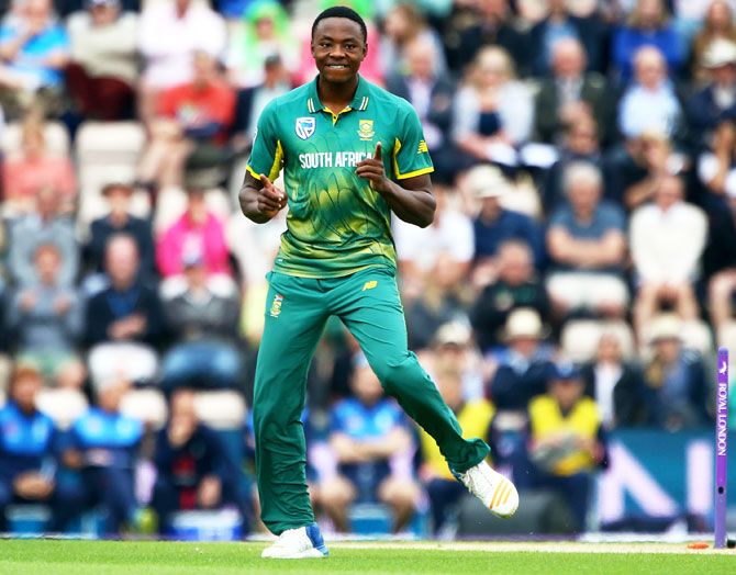 Kagiso Rabada of South Africa celebrates after taking the wicket of England's Jason Roy during the Royal London ODI match between England and South Africa at The Ageas Bowl on Monday