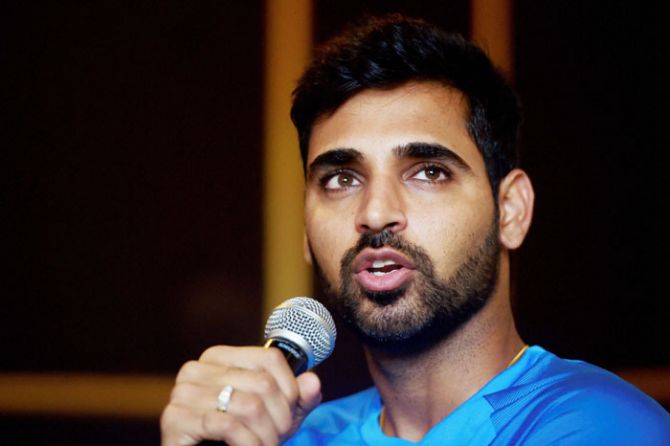 Indian pacer Bhuvneshwar Kumar addresses the media ahead of their third and final T20 match against New Zealand, in Thiruvananthapuram on Monday