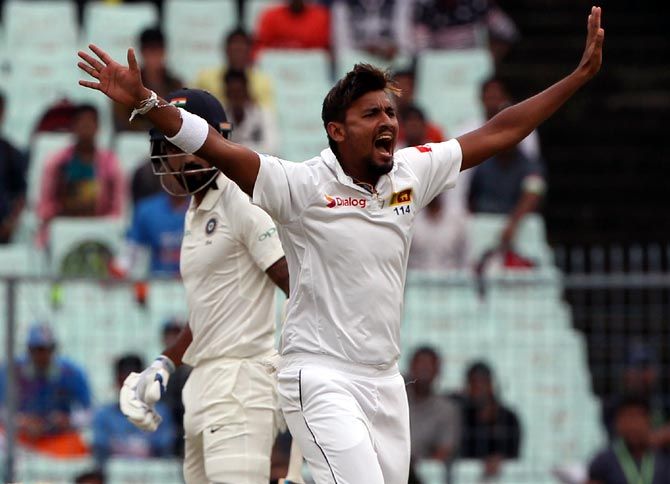  Suranga Lakmal appeals for the wicket of KL Rahul on Day 1 of the 1st Test at Eden Gardens in Kolkata on Thursday