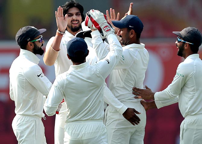 The Indians celebrate a Sri Lankan wicket in the Nagpur Test, November 24, 2017. Photograph: BCCI