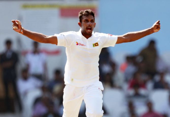 Sri Lanka's Dasun Shanaka celebrates the wicket of India's Cheteshwar Pujara on Day 3 of the 2nd Test at the Vidarbha Cricket Association Stadium in Nagpur on Sunday