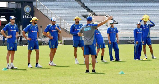 The Australian players during a practice session at JSCA stadium in Ranchi on Thursday