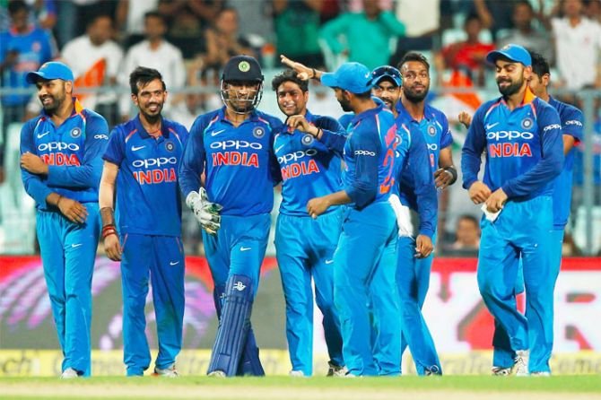 India's players celebrate after taking a wicket at Eden Gardens on Thursday