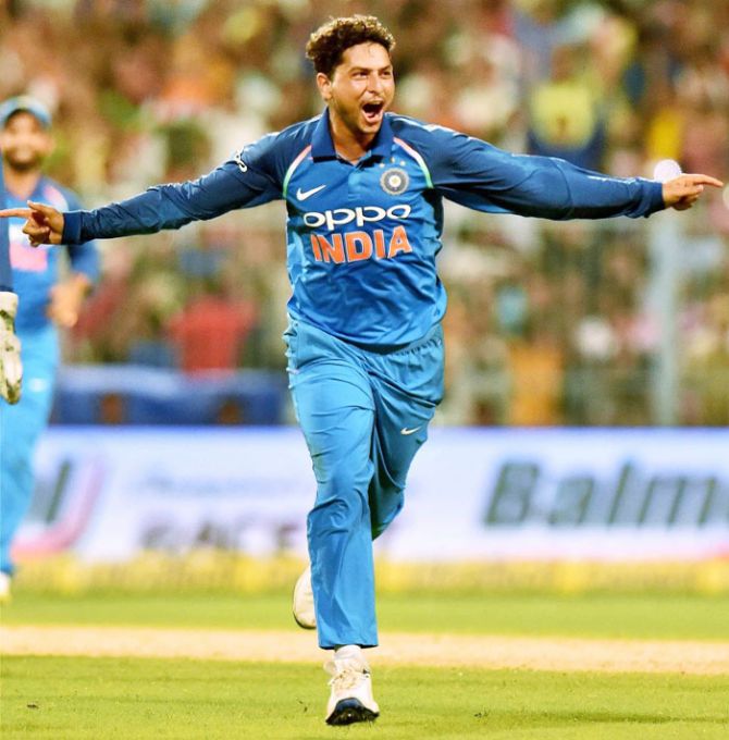 India's Kuldeep Yadav is pumped after picking his first One-Day International hat-trick in the 2nd ODI against Australia at Eden Gardens in Kolkata on Thursday 