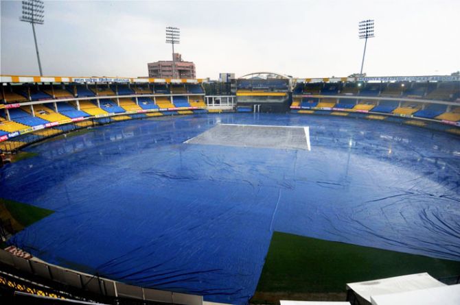 With the rains lashing the city of Indore, covers were put on the ground at the Holkar cricket stadium on Thursday