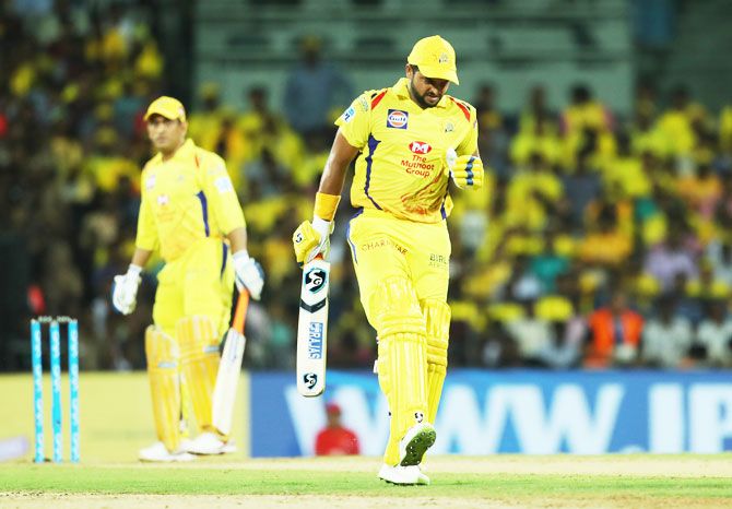 CSK's Suresh Raina pulls up with an calf injury during their IPL match against KKR on Tuesday