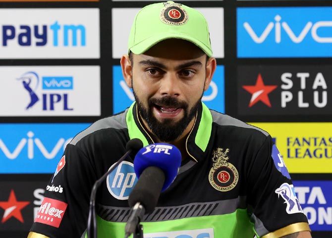Virat Kohli admits to having misread the M Chinnaswamy track that turned out to be a batsman's paradise on April 16, 2018. The Rajasthan Royals posted 217/4. RCB ended up 198/6. Photograph: BCCI