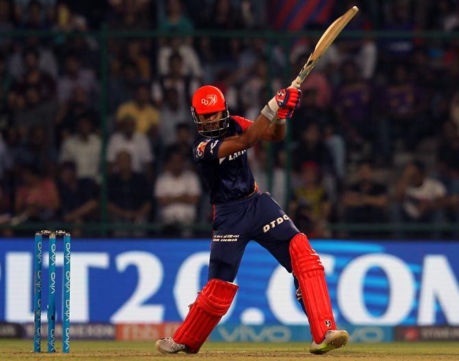 Shreyas Iyer during his whirlwind 93-run knock in his first game as Delhi Daredevils captain against the Kolkata Knight Riders, April 27, 2018. Photograph: BCCI
