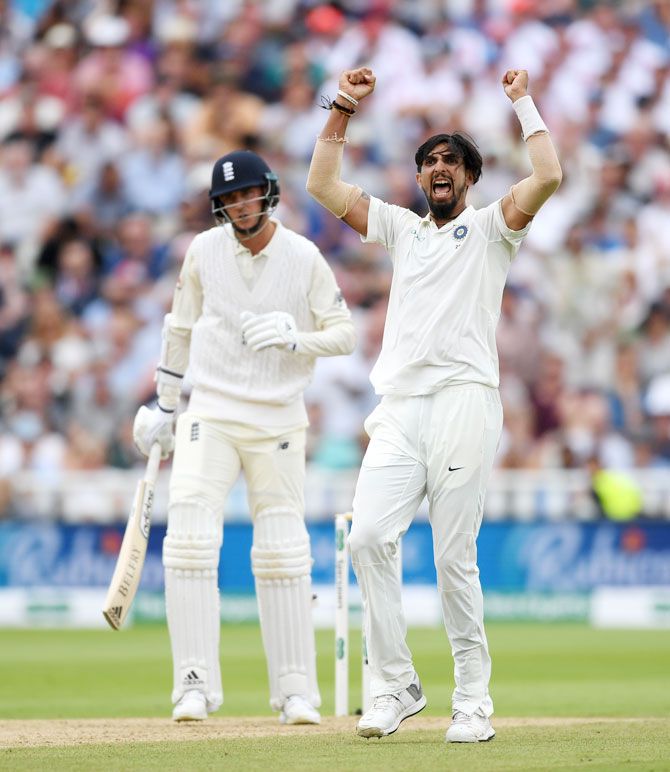 Ishant Sharma celebrates on picking the wicket of Stuart Broad, his fifth of the innings