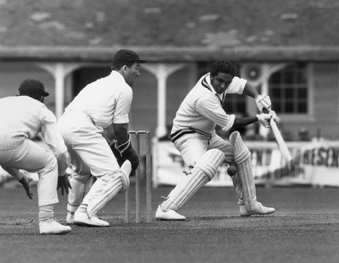 Indian cricketer Dilip Sardesai batting at Colchester during Essex vs India tour match in 1971. 