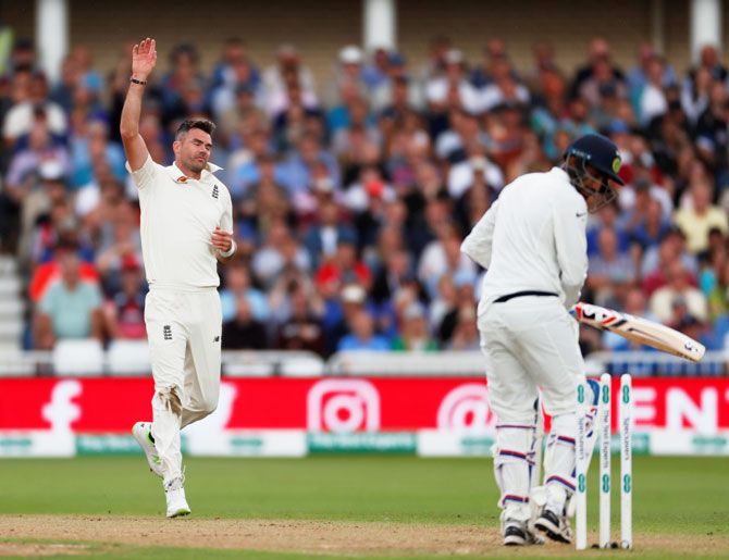 England's James Anderson celebrates the wicket of India's Jasprit Bumrah