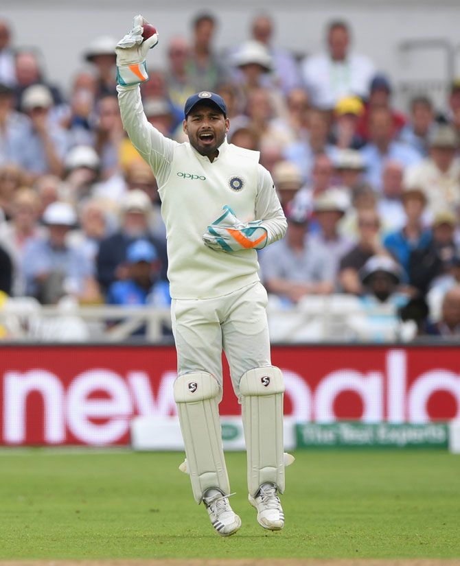 Rishabh Pant celebrates after catching out England batsman Chris Woakes on Day 2 of the 3rd Test at Trent Bridge on Sunday