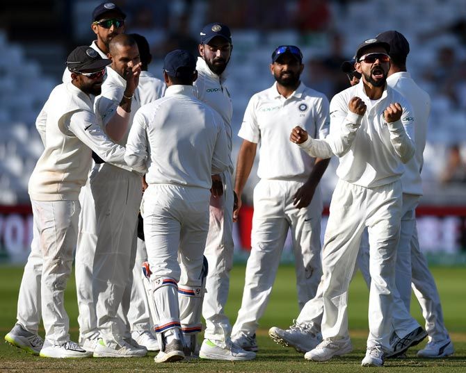 Another England wicket falls in the third Test at Trent Bridge and Virat Kohli is exultant. Photograph: Stu Forster/Getty Images