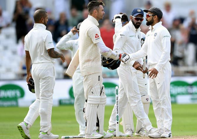 Virat Kohli shakes hands with James Anderson after India won the third Test in Nottingham. Photograph: Gareth Copley/Getty Images