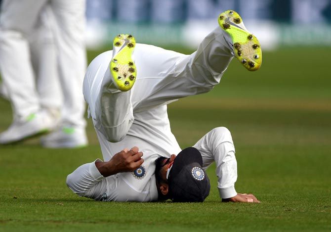Ajinkya Rahane takes the catch to dismiss James Anderson and give India victory in the third Test at Trent Bridge. Photograph: Gareth Copley/Getty Images