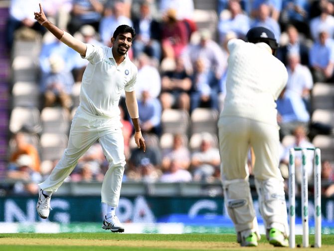 Jasprit Bumrah celebrates after taking the wicket of Jonny Bairstow