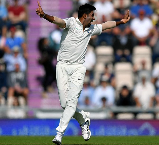 Jasprit Bumrah celebrates after taking Keaton Jennings's wicket in the Southampton Test. Bumrah's magic ball that Jennings left alone only to discover that it swung in and had him lbw inspired rhapsody in English newspapers like The Times and The Telegraph. Photograph: Dan Mullan/Getty Images