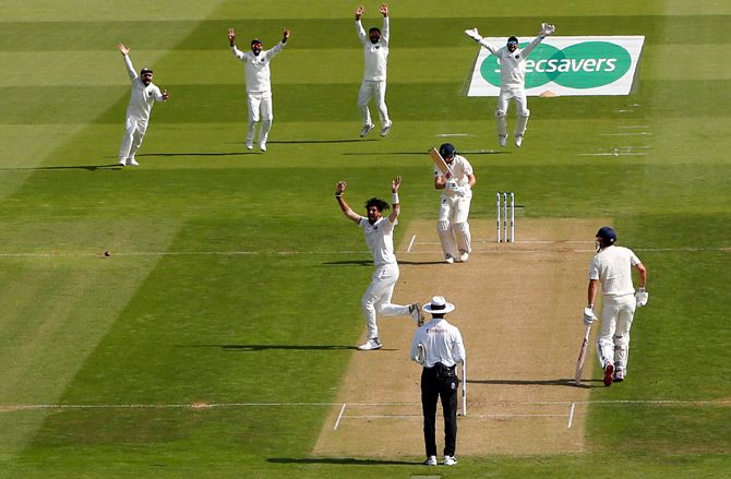 Ishant Sharma, who has been awesome throughout the series, has English Captain Joe Root's wicket in the fourth Test at Southampton. Photograph: Action Images via Paul Childs/Reuters