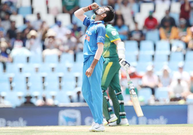 India's Yuzvendra Chahal celebrates after claiming the wicket of South Africa's Chris Morris during the 2nd One-Day International at Supersport Park Cricket Ground in Centurion on Sunday
