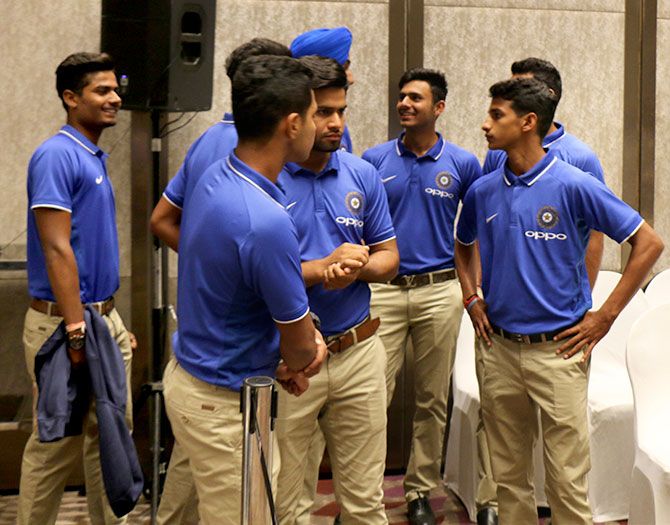 The India under-19 cricket players looked relaxed at a city hotel on their arrival in Mumbai on Monday
