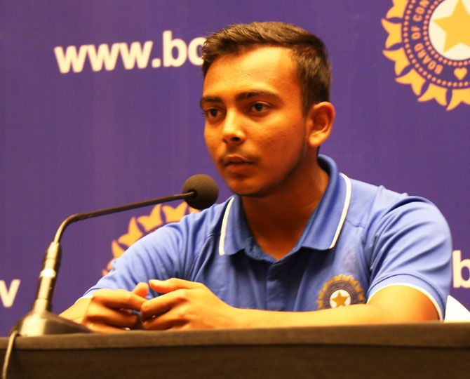 India Under-19 captain Prithvi Shaw speaks at a press conference in Mumbai on Monday