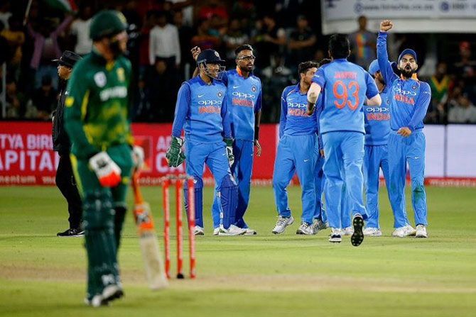 Team India celebrate on claiming the last wicket, that of Morne Morkel, to win the 5th ODI and clinch the series and seal top spot in the ODI rankings on Tuesday