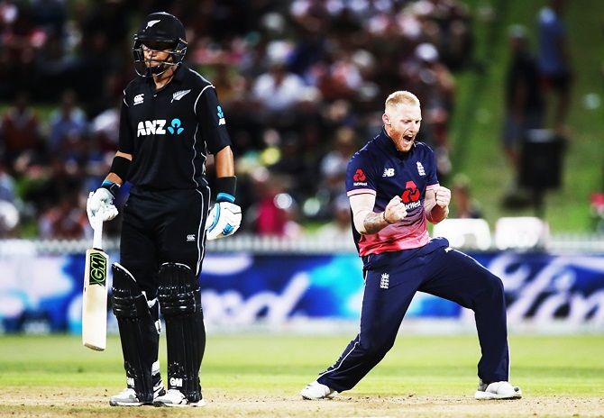 England's Ben Stokes celebrates after claiming the wicket of New Zealand's Tom Latham