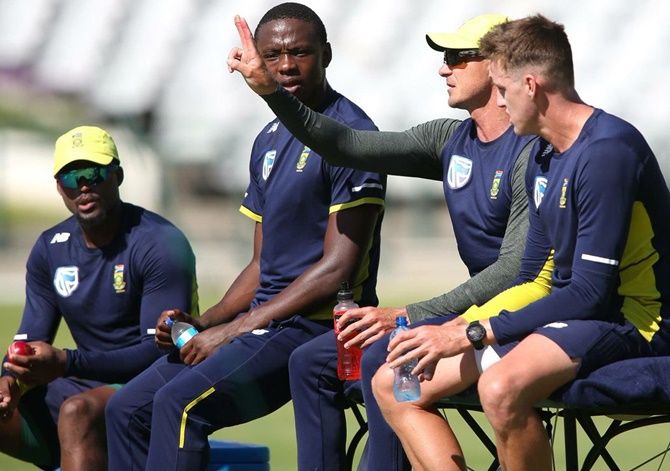 South Africa bowlers at a training session on Wednesday