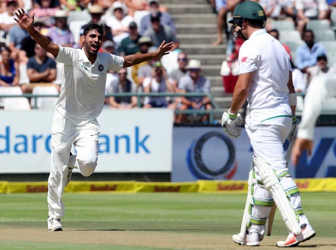 Bhuvneshwar Kumar celebrates after picking a wicket in the Test series 
