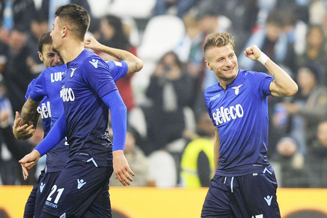 SS Lazio's Ciro Immobile celebrates a fifth goal during their Serie A match against SPAL at Stadio Paolo Mazza in Ferrara, Italy, on Saturday