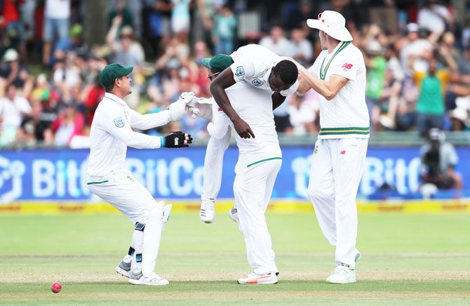 South Africa players celebrate with Kagiso Rabada after the wicket of Hardik Pandya