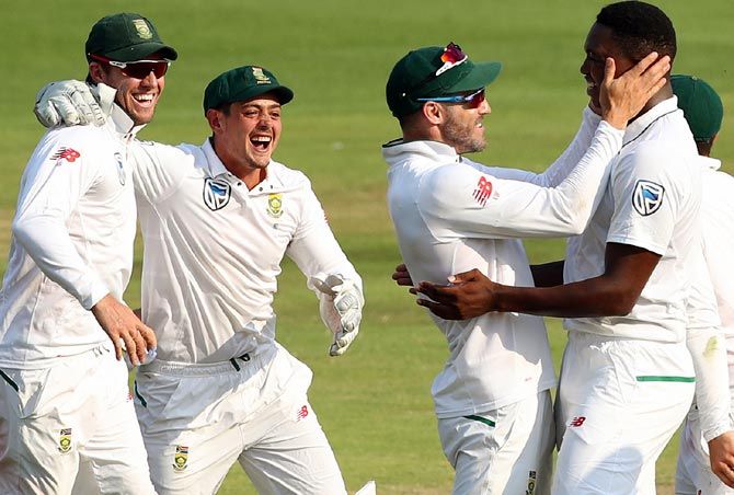 South Africa players celebrate after Lungi Ngidi gets the wicket of Parthiv Patel
