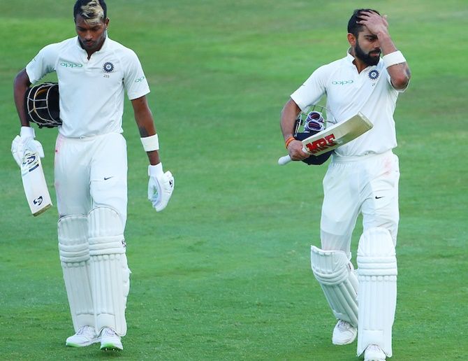 Hardik Pandya and Virat Kohli walk off the field at stumps on Day 2 of the 2nd Test in Centurion on Sunday