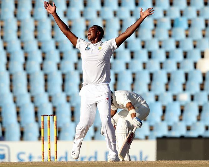 South Africa pacer Lungi Ngidi celebrates on claiming the wicket of Virat Kohli