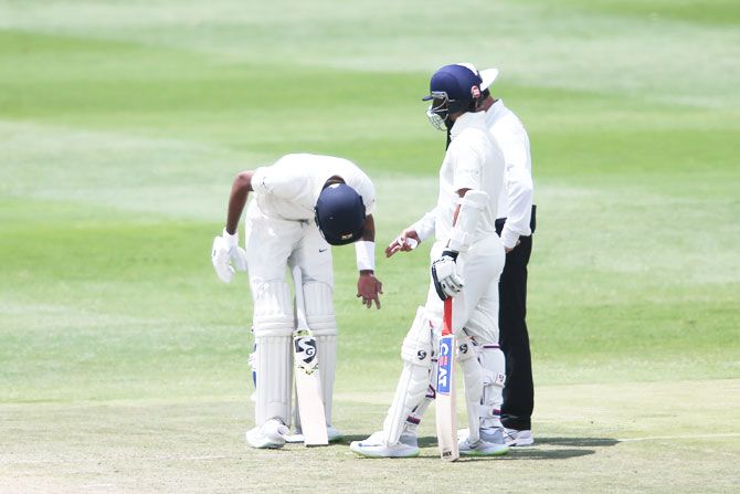 Hardik Pandya reacts after being hit on the wrist from a Kagiso Rabada delivery on Day 3 of the 3rd Test on Friday