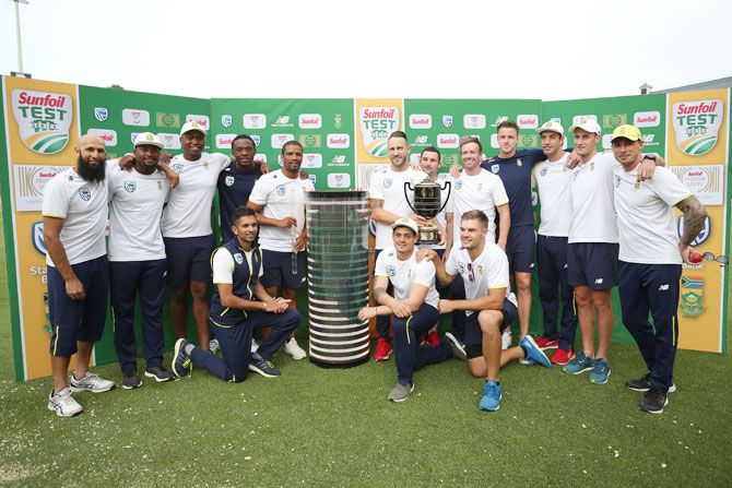 South Africa players with the Freedom trophy after winning the Test Series 2-1