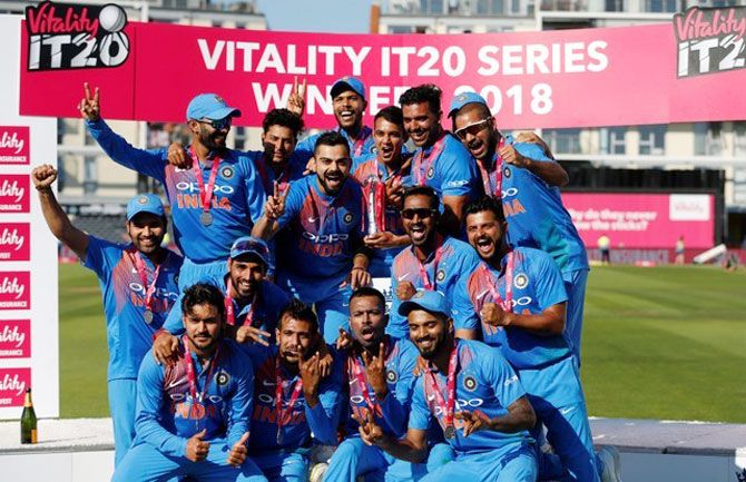 India celebrate victory after their T20 series win over England on Sunday 