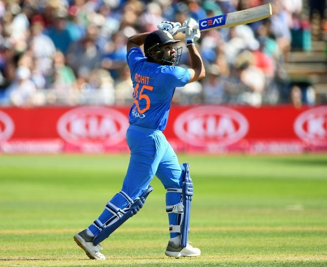 Rohit Sharma hit a brilliant 100 not out from 56 balls, hitting 11 fours and 5 sixes. Photograph: Gareth Copley/Getty Images